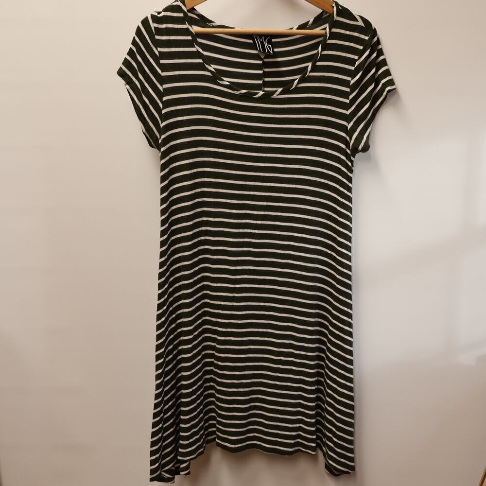 TMG Dress Olive White Stripe Asymmetric Hem Cap Sleeve Round Neck SZ Large